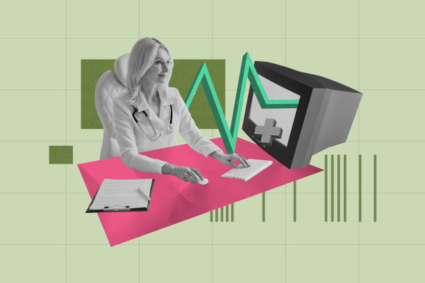 快乐女孩医生在工作场所坐在电脑前，手持保险夹，进行医院咨询的艺术照片拼贴横幅。图片下载