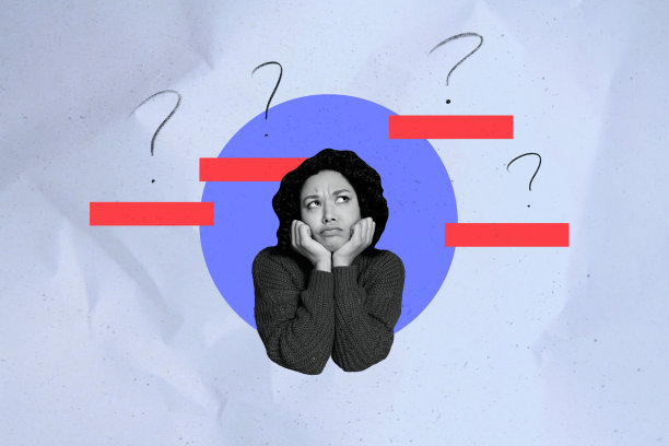 年轻女性面部扭曲表情的3D照片拼贴艺术作品，带有疑问符号，思考招聘工作空间的人力资源趋势模板图片下载