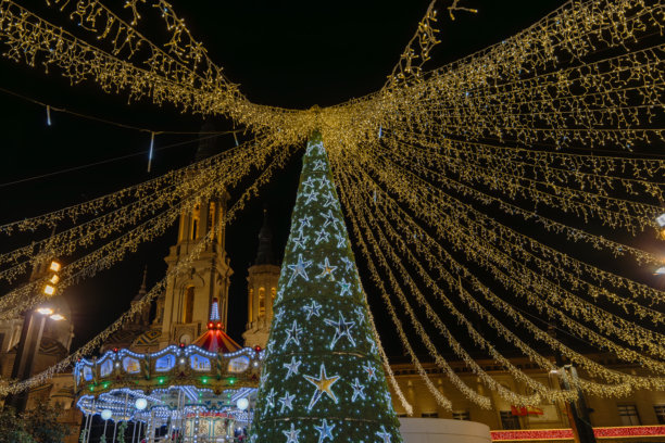 皮拉尔广场的圣诞树。西班牙阿拉贡地区萨拉戈萨的圣诞灯光。夜景照片。图片下载
