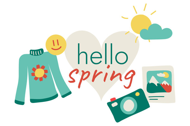你好春天，季节象征。春季物品集合。照片，相机，毛衣。表情符号。太阳，云。图片下载