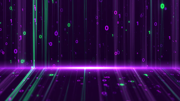 大量矩阵二进制代码随机数字在地面上滑落，背景有光晕效果。4K照片图片下载