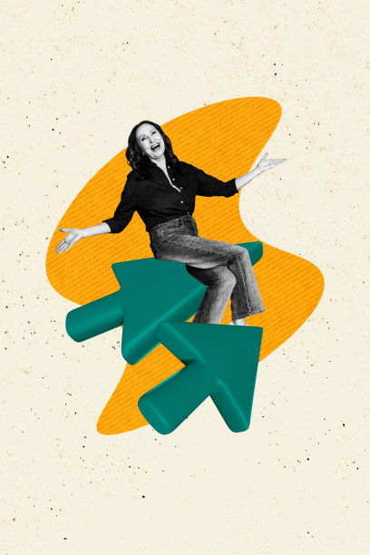 老年女商人的复合趋势艺术作品草图，照片拼贴，图形统计，坐着的大箭头，方向移动，微笑旅行图片下载