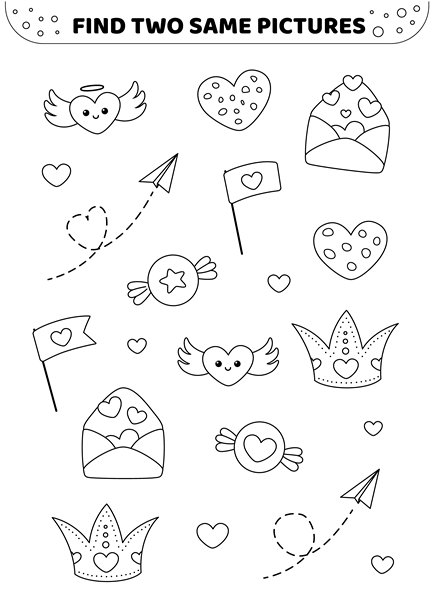 黑白色。情人节的浪漫物品。找出两张相同的图片。儿童游戏。矢量图。图片下载
