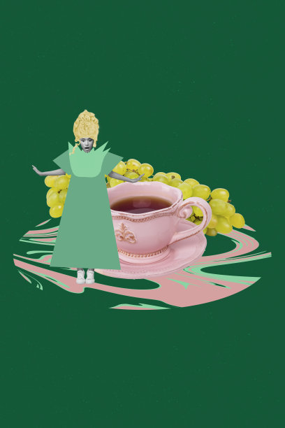 惊讶的美国女孩女王发型的竖版照片拼贴，手持咖啡杯，参加英国茶会，背景为涂鸦风格的葡萄图案。图片下载