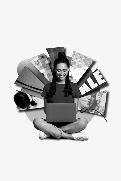 创意照片3D拼贴艺术海报明信片，展示一个有趣的时尚人物，像是在网上购物，选择不错，背景为绘画风格。图片下载