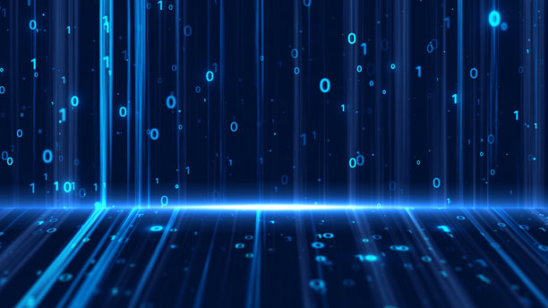 大量矩阵二进制代码随机数字在地面上滑落，背景有光晕效果。4K照片图片下载