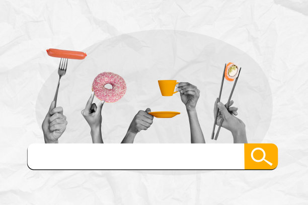 手持餐点的复合照片拼贴，包括香肠、甜甜圈、杯子、碟子、叉子、寿司、筷子，外卖，背景为涂鸦风格。图片下载