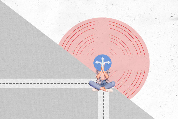 照片拼贴：年轻女孩坐着，头部缺失，路标代替面部，指示迷失方向，背景为道路绘画。图片下载