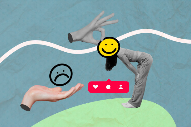 创意图片拼贴，年轻的无头女孩，表情符号，微笑、反应、悲伤、沮丧，3D手，博客，社交媒体，点赞，评论，用户图片下载