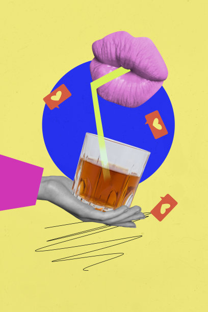 周末，一位大嘴唇的女性在黄色背景下喝威士忌的创意竖版拼贴照片。图片下载