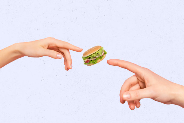 手伸出五指的拼贴照片，显示出想要汉堡、垃圾食品、快餐、脂肪和碳水化合物的危害，背景为涂鸦风格。图片下载