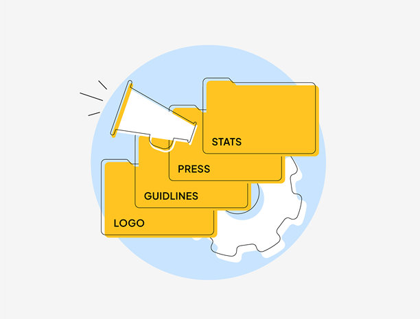 媒体工具包，包括新闻稿、品牌指南、统计数据和logo文件。公关策略、市场传播、企业品牌和供记者及内容创作者使用的媒体资源插图。图片下载