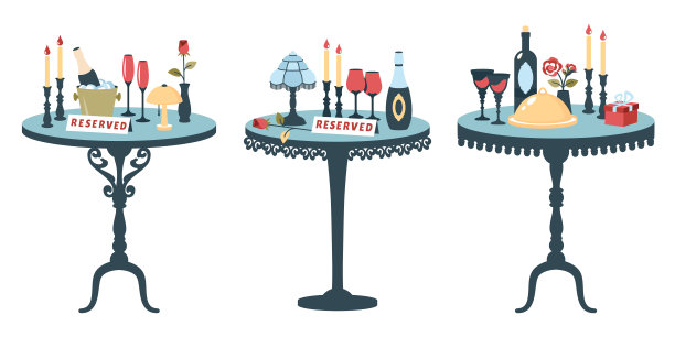 晚餐桌布置。浪漫约会。带有餐厅预订的浪漫桌子。两人用的复古桌子，配有一瓶葡萄酒、香槟、酒杯、玫瑰、蜡烛和餐具。矢量卡通平面插图。图片下载