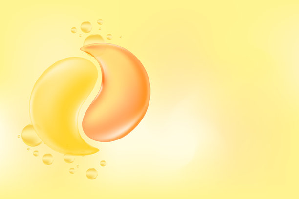 美容护理营养护肤，黄色和金色背景，3D水凝胶眼贴的凝胶质地。韩国提拉面膜图标，抗衰老、保湿、护肤的时尚化妆品。图片下载