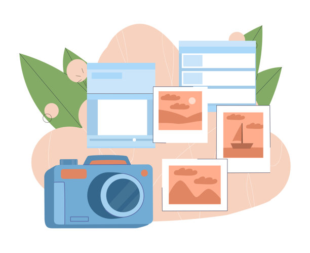 照片处理概念。相机与图片和图像。摄影设备。数字摄影编辑工作坊。记忆与怀旧。扁平矢量插图。图片下载