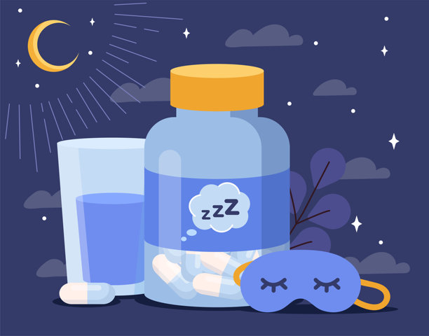 睡眠药物概念。药瓶、玻璃水和睡眠面罩。舒适温馨的梦境。健康睡眠的正确习惯。海报或横幅。平面矢量插图图片下载