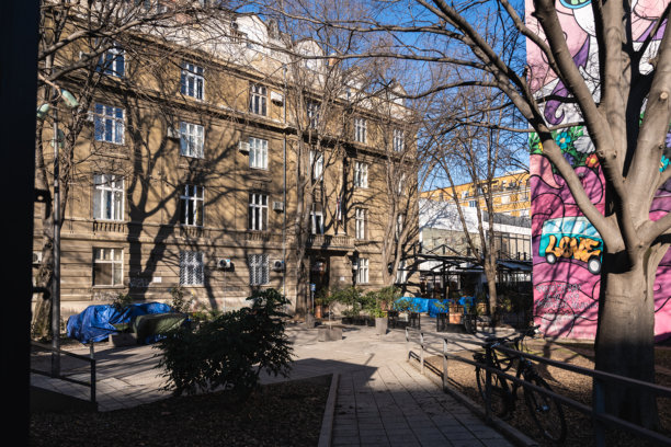 塞尔维亚诺维萨德的节日气氛，城市街道洋溢着节日的欢愉和生动的装饰，建筑和人们熙熙攘攘。编辑图片图片下载