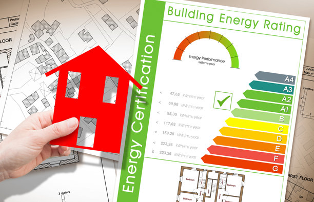 建筑能效与评级概念，符合新欧洲法律《建筑能效指令》（EPBD）及家庭图标的能源认证等级图片下载