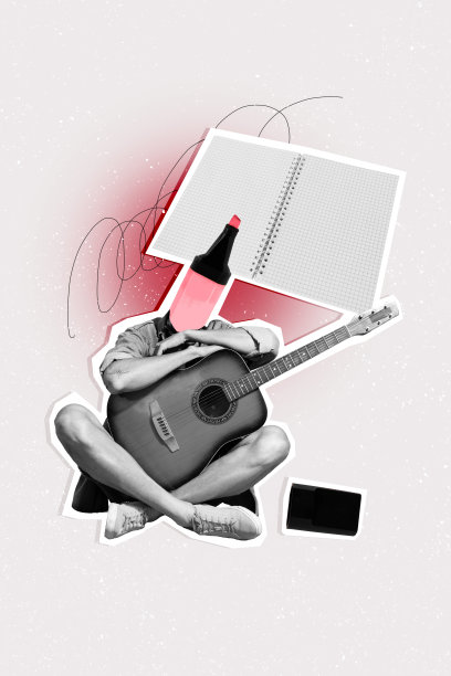 垂直照片拼贴，男士在记事本上写新歌，吉他手、作曲家，背景为涂鸦风格。图片下载