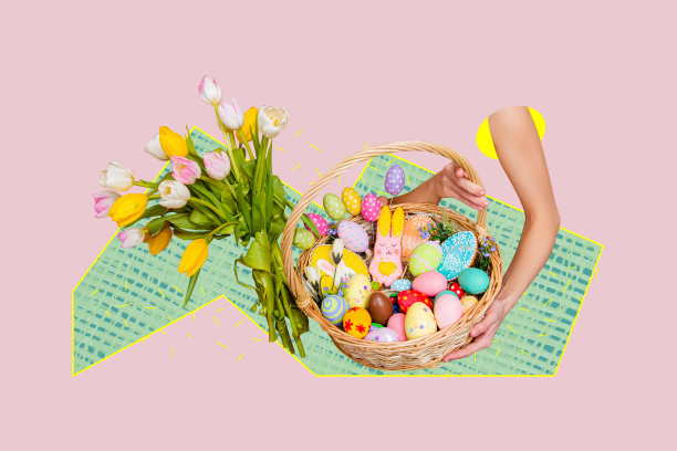 手握装有传统食物和装饰彩绘蛋的篮子的拼贴贺卡，背景为手绘图案图片下载