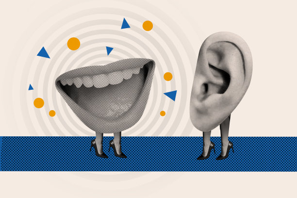 无脸的大嘴和耳朵朋友们站在一起，进行关于谣言和新闻的对话的艺术照片拼贴画。图片下载