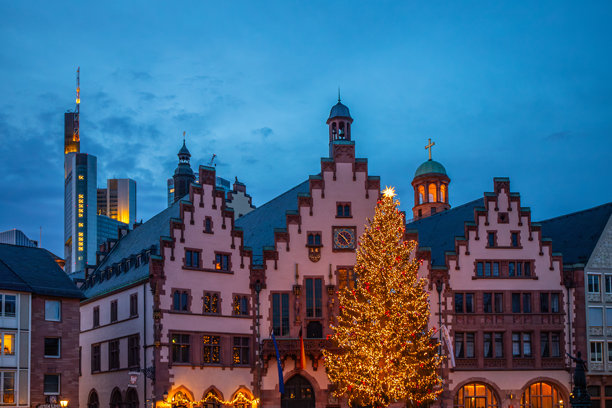 圣诞气氛浓厚的历史市政厅照片。冬季，一棵圣诞树矗立在一座半木结构房屋前。夜景拍摄于德国法兰克福的罗梅尔贝格。图片下载