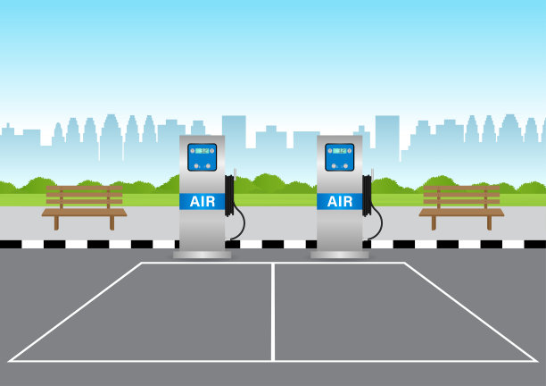 汽车及其他车辆的自动轮胎充气机。轮胎充气服务站。图片下载