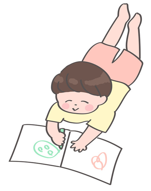 一个小男孩趴着在画册上画画的插图图片下载