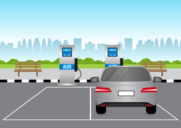 汽车及其他车辆的自动轮胎充气机。轮胎充气服务站。图片下载