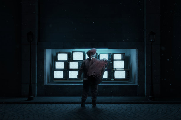 从背后看圣诞老人，手里拿着圣诞袋，站在电视展示柜前的数字合成图。图片下载