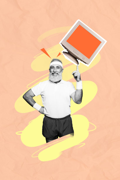 垂直创意照片拼贴，老年男性祖父，运动身体，健康护理，锻炼，骑自行车，电脑显示器，篮球比赛图片下载