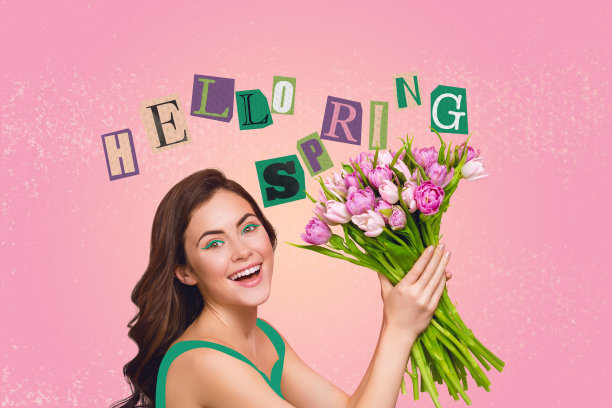 迷人的兴奋女士手持郁金香花束，迎接春天的问候，背景为绘画风格的拼贴照片。图片下载