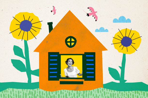 兴奋的女士在窗户外看着小而舒适的房子，3D照片艺术图形拼贴画背景。图片下载