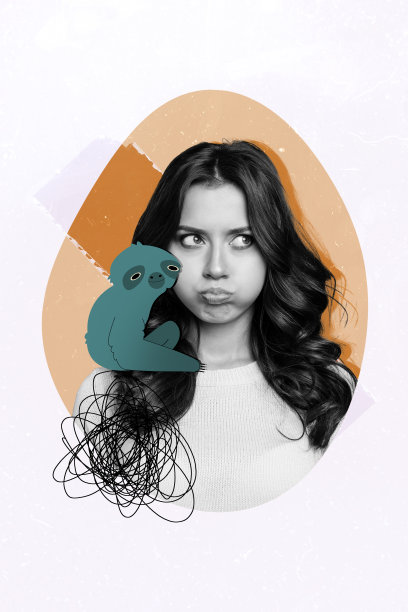 拼贴风格的3D图像，展示了一幅复古的插画，描绘了一只悲伤不快乐的树懒动物，主题为抑郁治疗，风格独特，仿佛是幻想广告牌漫画。图片下载