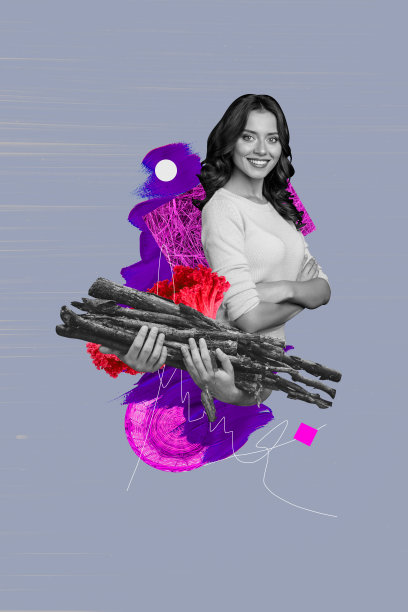 年轻微笑女孩在户外环境中收集木棍，手中拿着创意的垂直照片拼贴，背景是绘画风景。图片下载