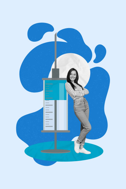 年轻女性双臂交叉，手持大注射器，注射细菌解毒剂，医疗背景，蓝色背景的竖版图片拼贴。图片下载