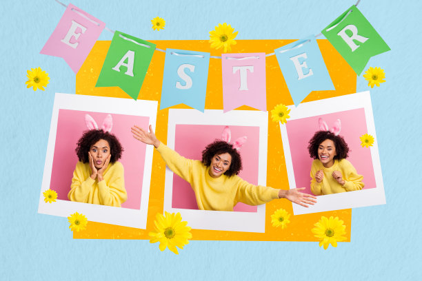 快乐女孩摆姿势的复合3D照片艺术拼贴，装饰有花环、横幅、圈圈和兔耳，庆祝复活节传统，背景为蓝色。图片下载