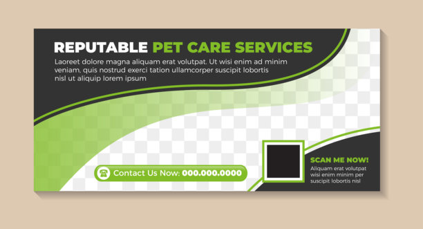 横向布局的抽象海报横幅设计模板集合，标题为“信誉良好的宠物护理服务”，黑色背景上留有照片拼贴的空间。图片下载