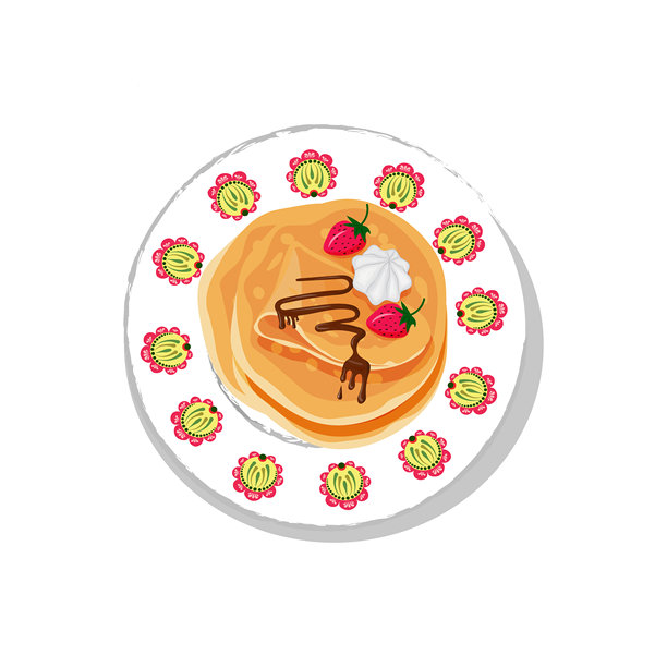 白色背景上的盘子里放着煎饼，上面淋有巧克力酱，装饰着草莓和棉花糖。图片下载