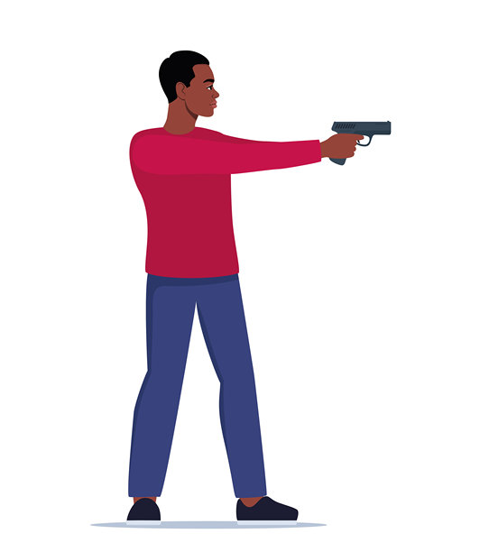 运动射击。瞄准的黑人男子手持手枪。户外爱好，射击。男子射手保护财产。军事户外技能。矢量图。图片下载