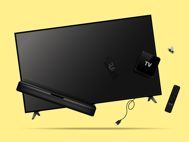 智能电视、遥控器、音响条、电视机顶盒和闪存驱动器悬浮在空中图片下载