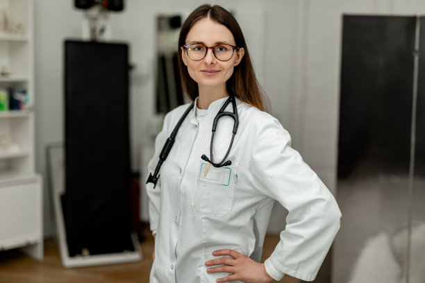 穿白大褂的女性医生照片。远程医疗概念摄影图片下载