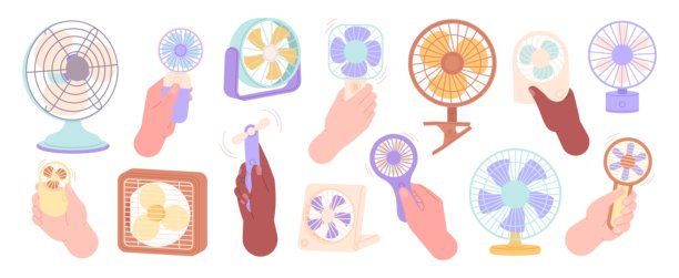 手持电风扇。室内气候控制设备。不同手持的移动塑料通风器。适合炎热天气的个人风扇冷却器，动感矢量套件。图片下载