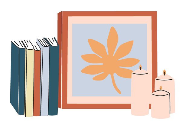 书籍和装框的图片。文学书脊，竖立的书籍，家庭图书馆。秋天的叶子，直立的教科书。图片下载