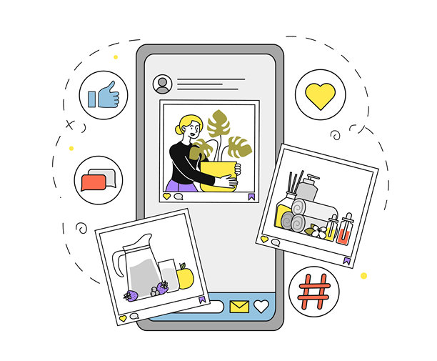 社交网络帖子。带有照片、点赞和反应的智能手机。社交媒体中的沟通与互动。互联网中的有趣内容。线性矢量插图图片下载