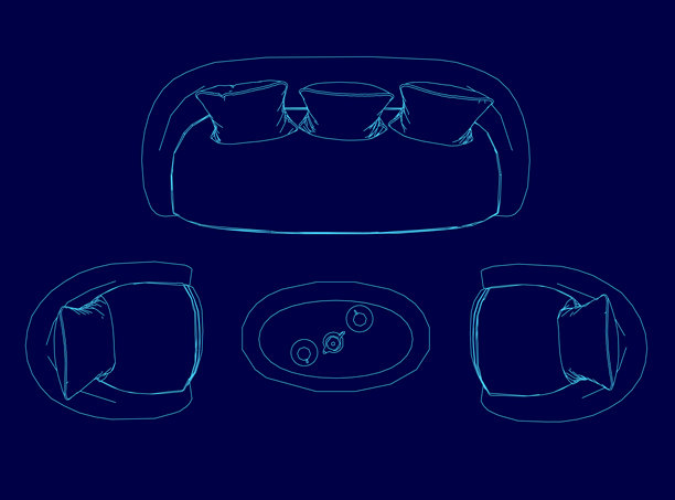 一幅蓝色沙发组合的图片，配有靠垫和花瓶。沙发组合由四把椅子和一张沙发组成。椅子排列成面向沙发的方式。图片下载