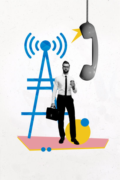 年轻男商人站在电话旁，进行热线电话呼叫，浏览复合趋势艺术作品草图照片拼贴。图片下载