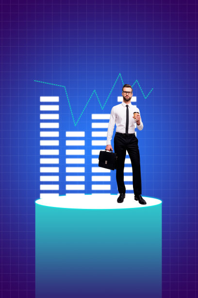 海报图像，垂直照片拼贴，快乐的商人手持外卖咖啡杯，手提公文包，图表，霓虹灯，网络发展，成功图片下载