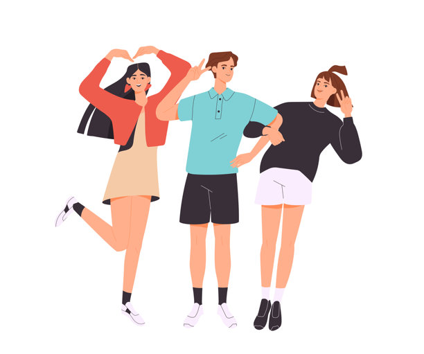快乐的朋友们在一起摆姿势。微笑的一群人，可能是同事或家人，站在一起，做出不同的手势并拍照。扁平化矢量插图图片下载