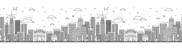 无缝图案，描绘重庆中国的城市天际线，包含现代与历史建筑，背景为白色。重庆城市风景与地标。图片下载